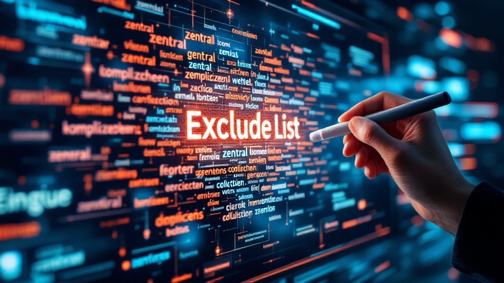 Gib der KI eine Liste mit Wörter und Phrasen, welche sich wiederholen und weise sie an, diese nicht mehr zu verwenden. Eine Hand mit einem Stift zeigt auf „Ausschlussliste“ auf einer leuchtenden Digitalanzeige mit verschiedenen Wörtern, als würde sie einer KI raten, bessere Texte zu erstellen, indem sie eine Strategie entwickelt, um unnötige Wiederholungen zu vermeiden.